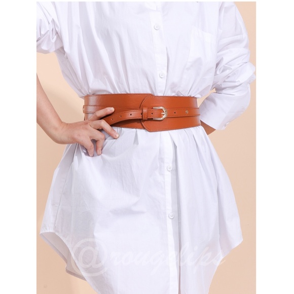 PU Wide Brown Belt Gold Tone Buckle - Picture 5 of 11